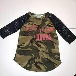 Southern Grace Shirt Girls 4 Camo & Bucks Black Lace Sleeves Pink Glitter Top‎